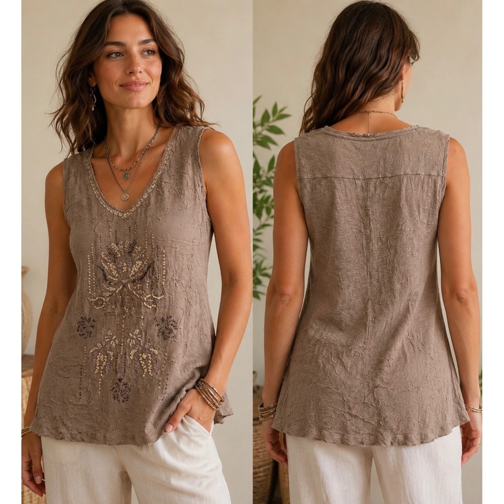 Anthropologie Fei Embellished Crinkle Tank Top Medium Taupe Boho Tunic V-Neck M
